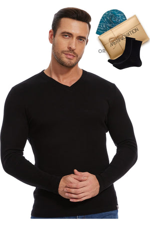 Old Collection Men's Merino Wool Long Sleeve V-Neck 250 Black