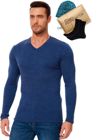 Old Collection Men's Merino Wool V-Neck 165 Indigo Blue