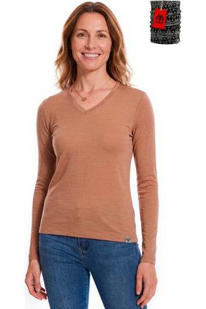 Women's Merino Wool Long Sleeve V-Neck 165 Macchiato Brown
