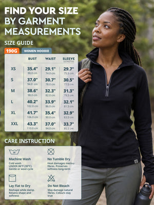 Size guide and care instructions - Women Half-Zip Hoodie 190 GSM
