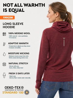 Women's merino wool hoodie Cabernet features