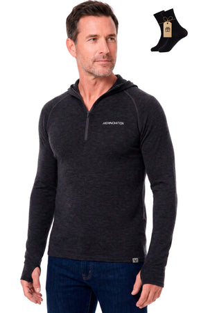 Old Collection MERINNOVATION Men's Merino Wool Half Zip Hoodie Charcoal with bonus merino socks