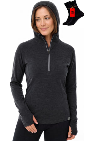 Women's Merino Wool Half Zip Hoodie Charcoal Marle with bonus merino socks