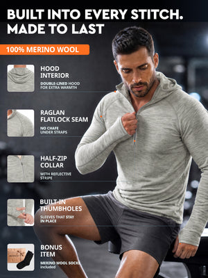 Men's merino hoodie Grey Marl details