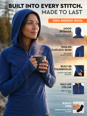 Women's merino hoodie Indigo Blue lifestyle