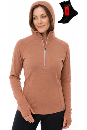 Women's Merino Wool Half Zip Hoodie Macchiato Brown with bonus merino socks