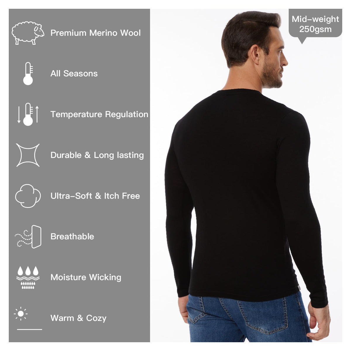 Men's merino V-neck Black 250 - Old Collection