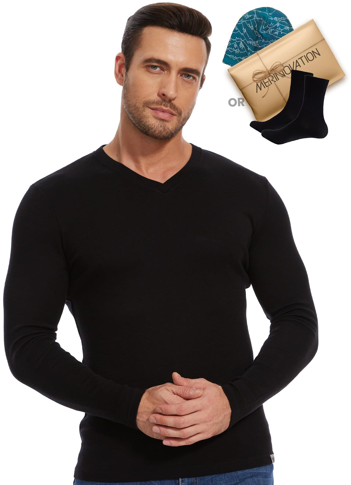 Old Collection MERINNOVATION Men's Merino Wool Long Sleeve V-Neck 250 Black