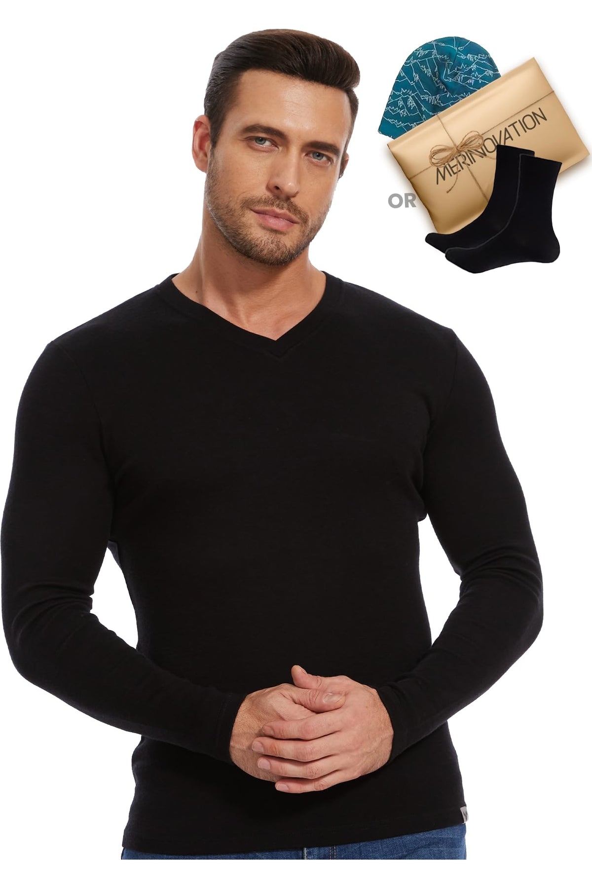 Old Collection Men's Merino Wool Long Sleeve V-Neck 250 Black