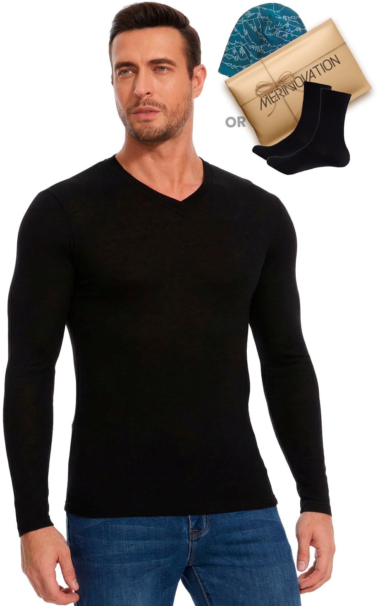 Old Collection MERINNOVATION Men's Merino Wool Long Sleeve V-Neck 165 Black