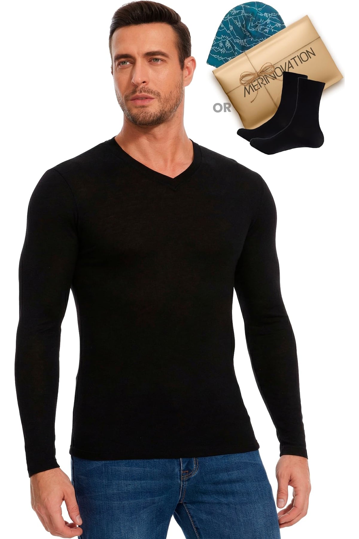Old Collection Men's Merino Wool Long Sleeve V-Neck 165 Black
