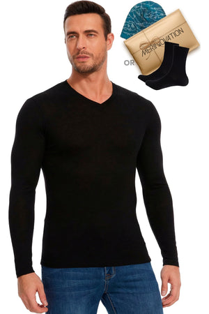 Old Collection Men's Merino Wool Long Sleeve V-Neck 165 Black