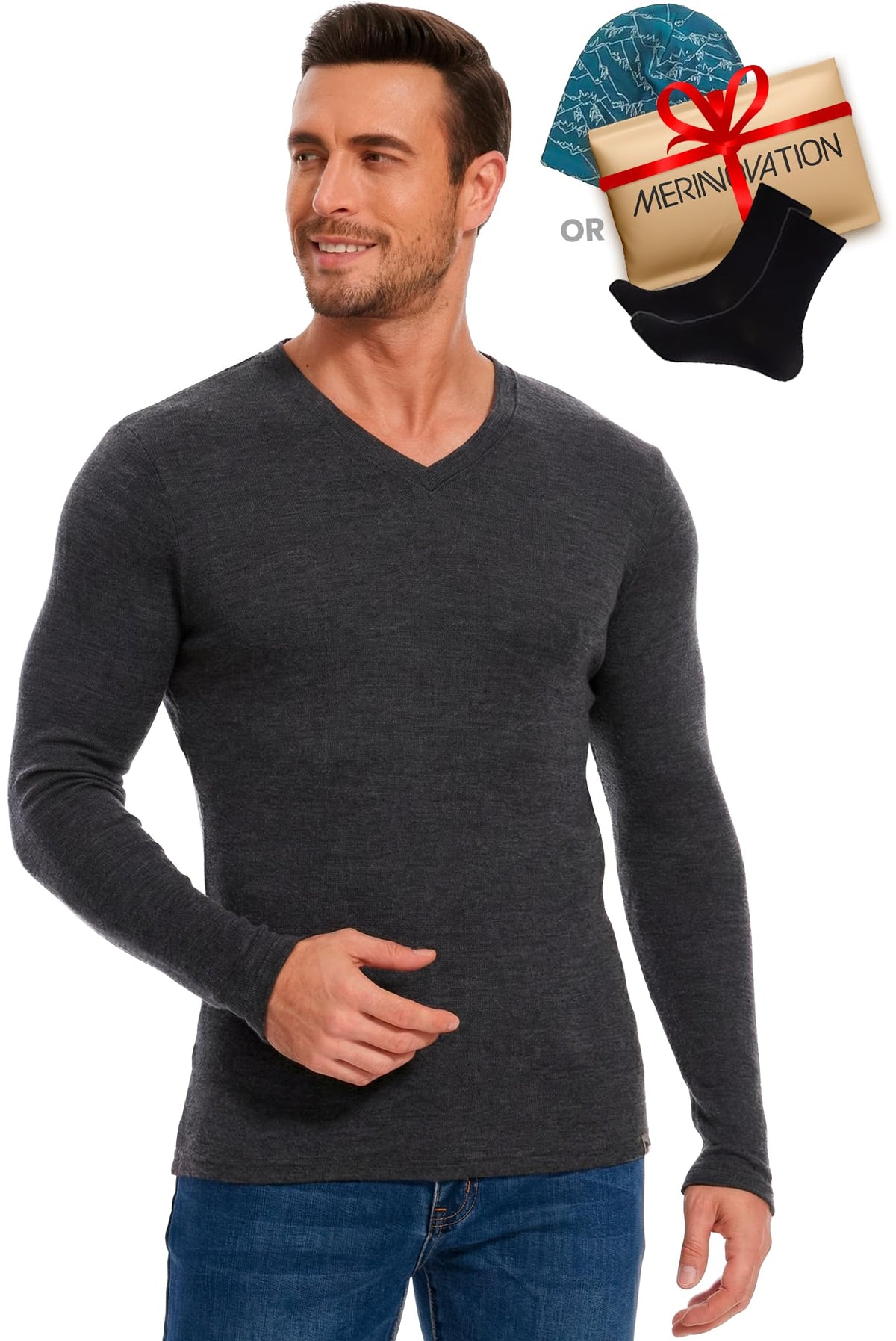 Old Collection Men's Merino Wool V-Neck 165 Charcoal