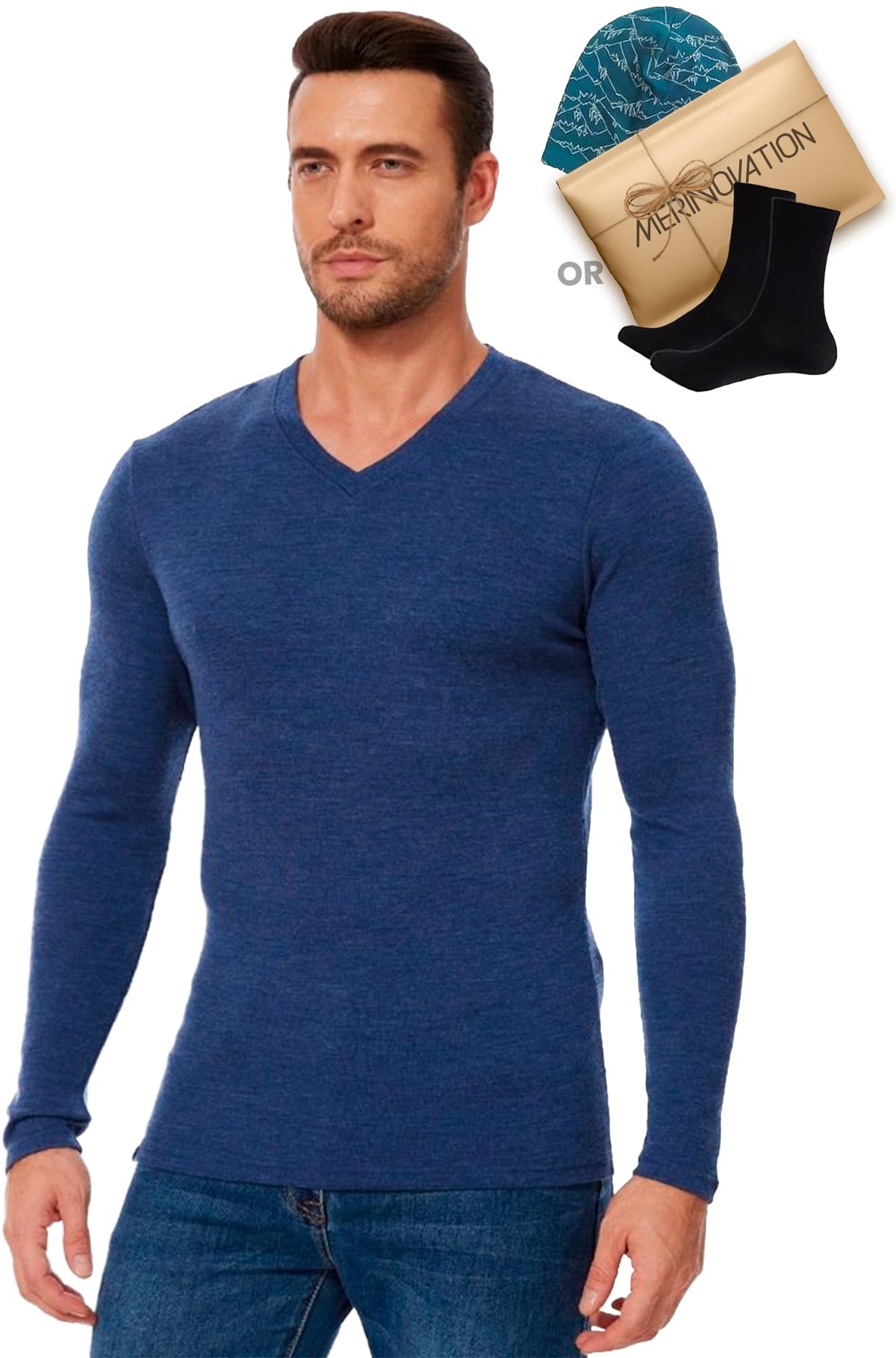 Old Collection Men's Merino Wool V-Neck 165 Indigo Blue