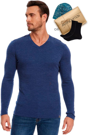 Old Collection Men's Merino Wool V-Neck 250 Indigo Blue