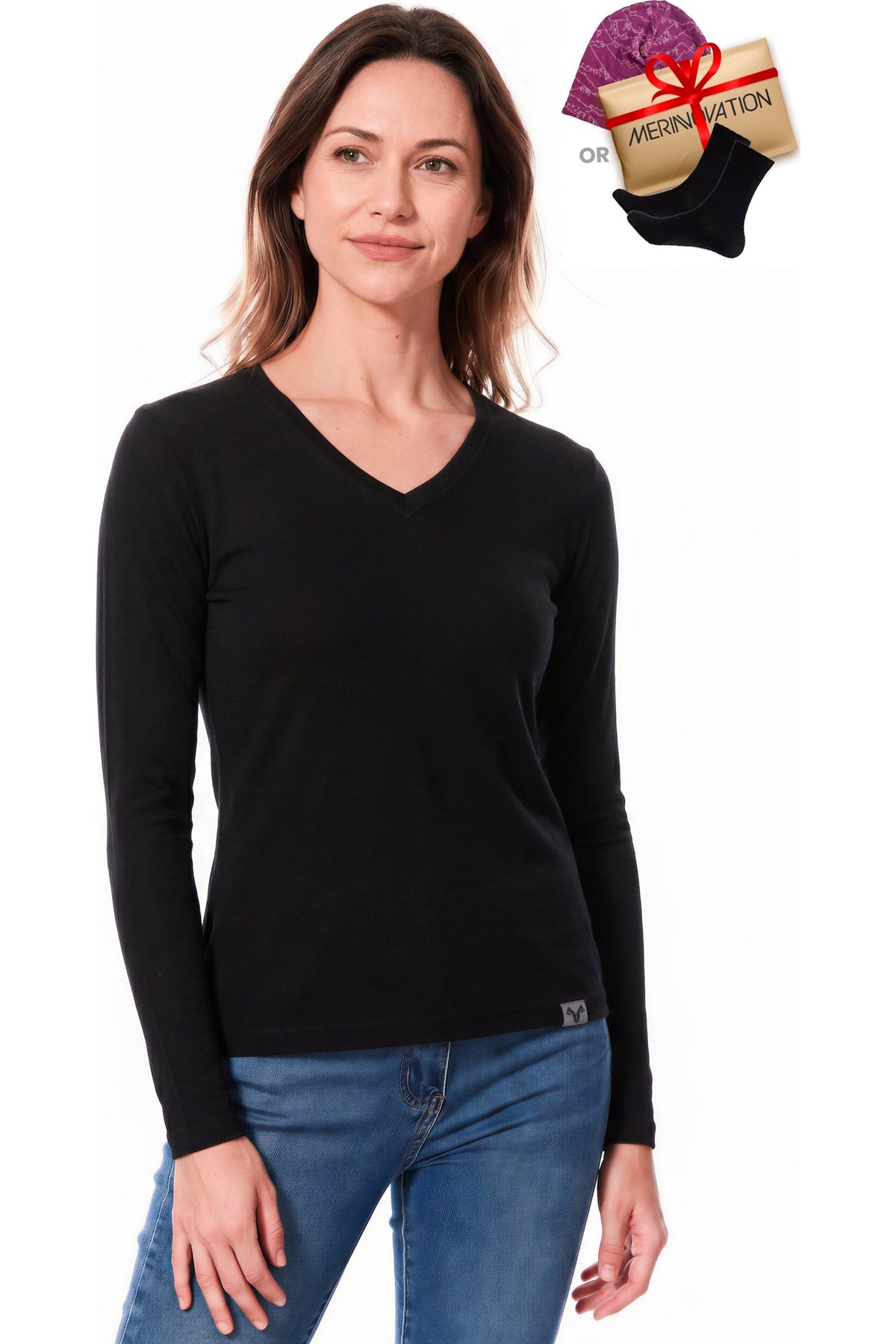 Old Collection Women's Merino Wool Long Sleeve V-Neck Black