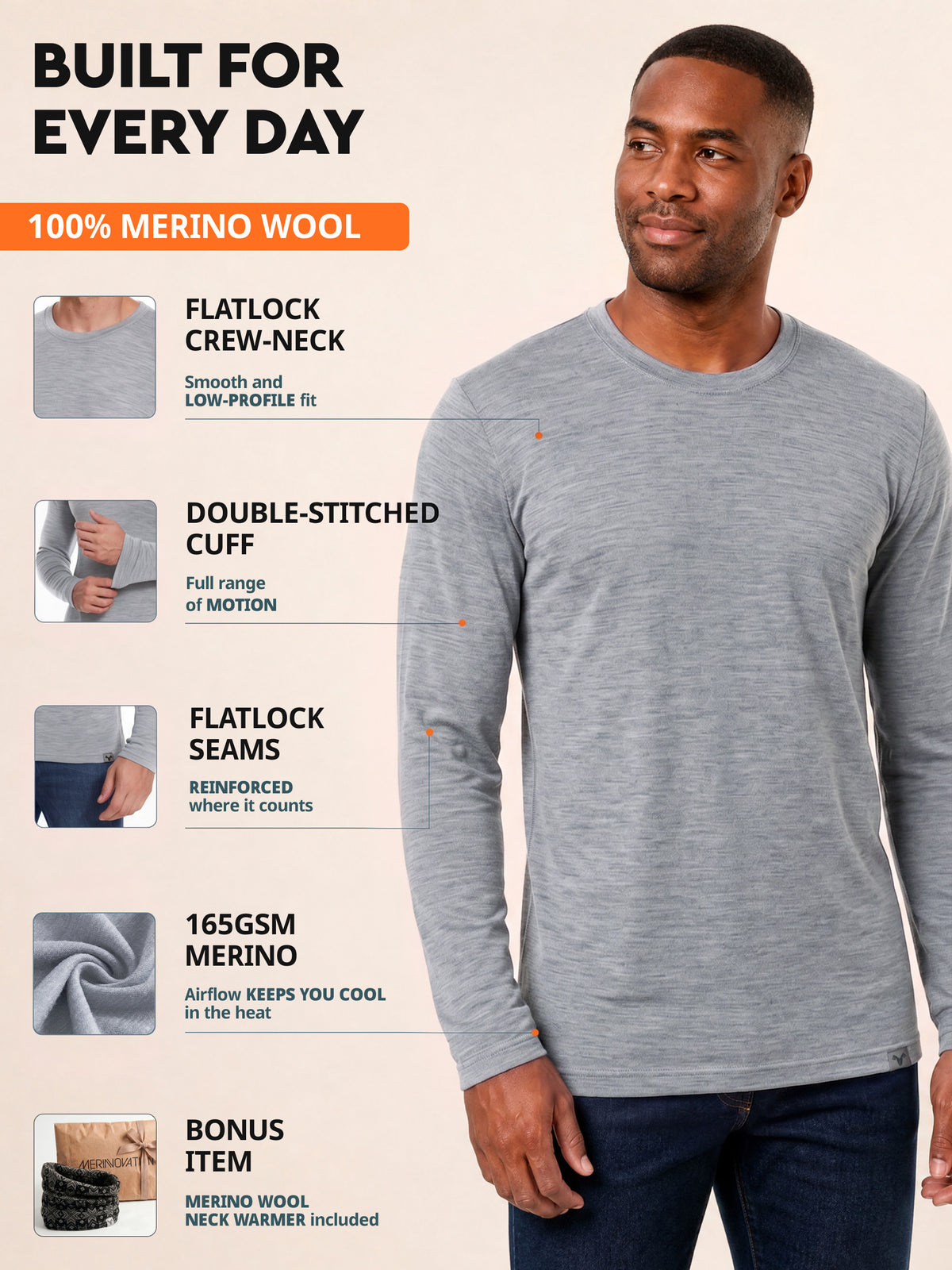 Men's merino long sleeve crew construction details