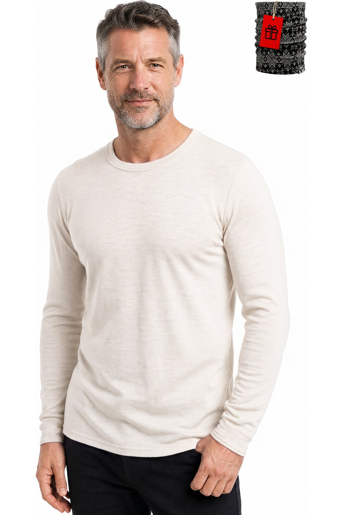 Men's Merino Wool Long Sleeve Crew Neck 250 Natural White