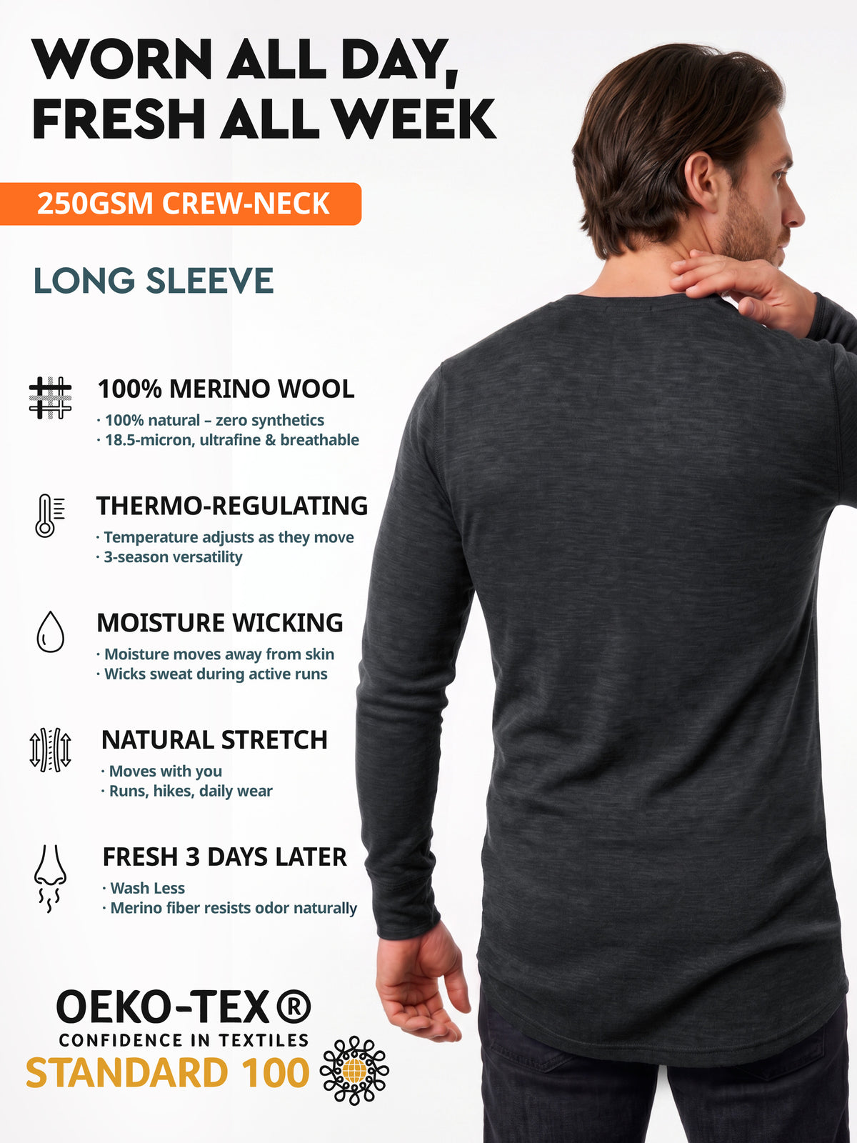 Men's merino long sleeve crew features - Midweight 250