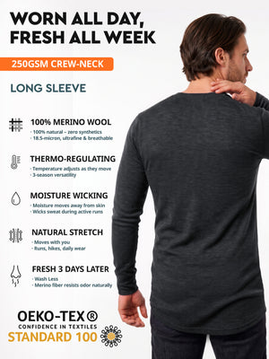 Men's merino long sleeve crew features - Midweight 250