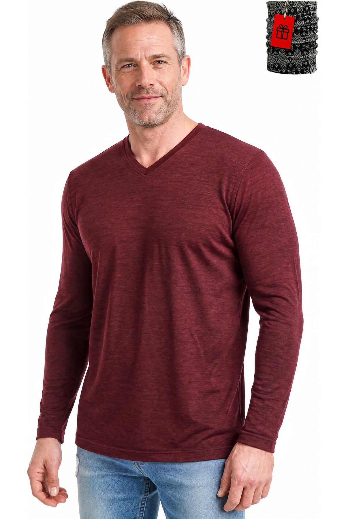 Men's Merino Wool Long Sleeve V-Neck 165 Cabernet