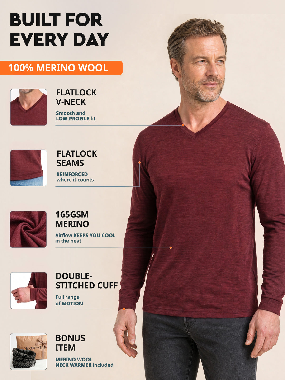 Men's merino V-neck construction details