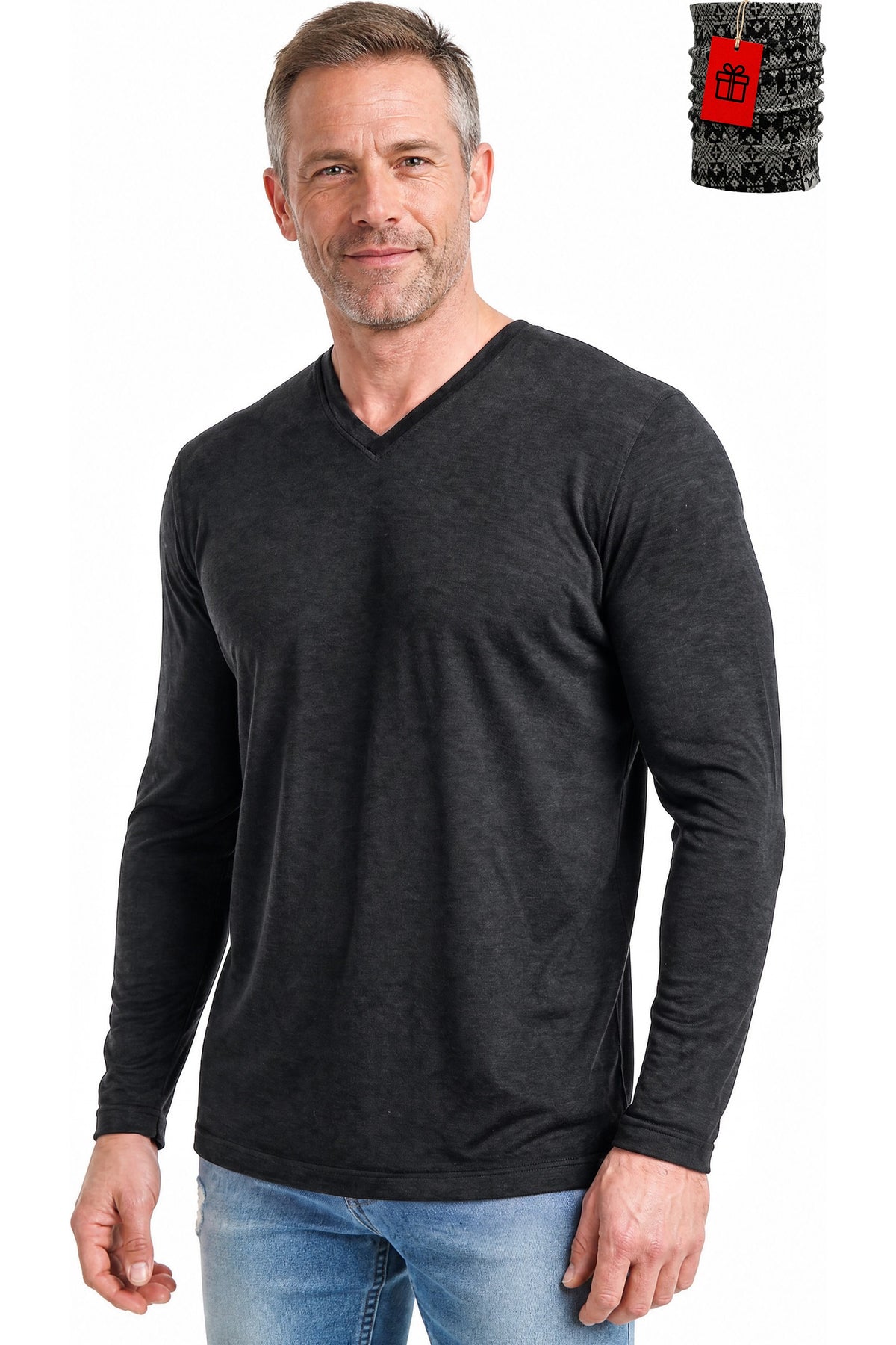 Men's Merino Wool Long Sleeve V-Neck 165 Charcoal Marle
