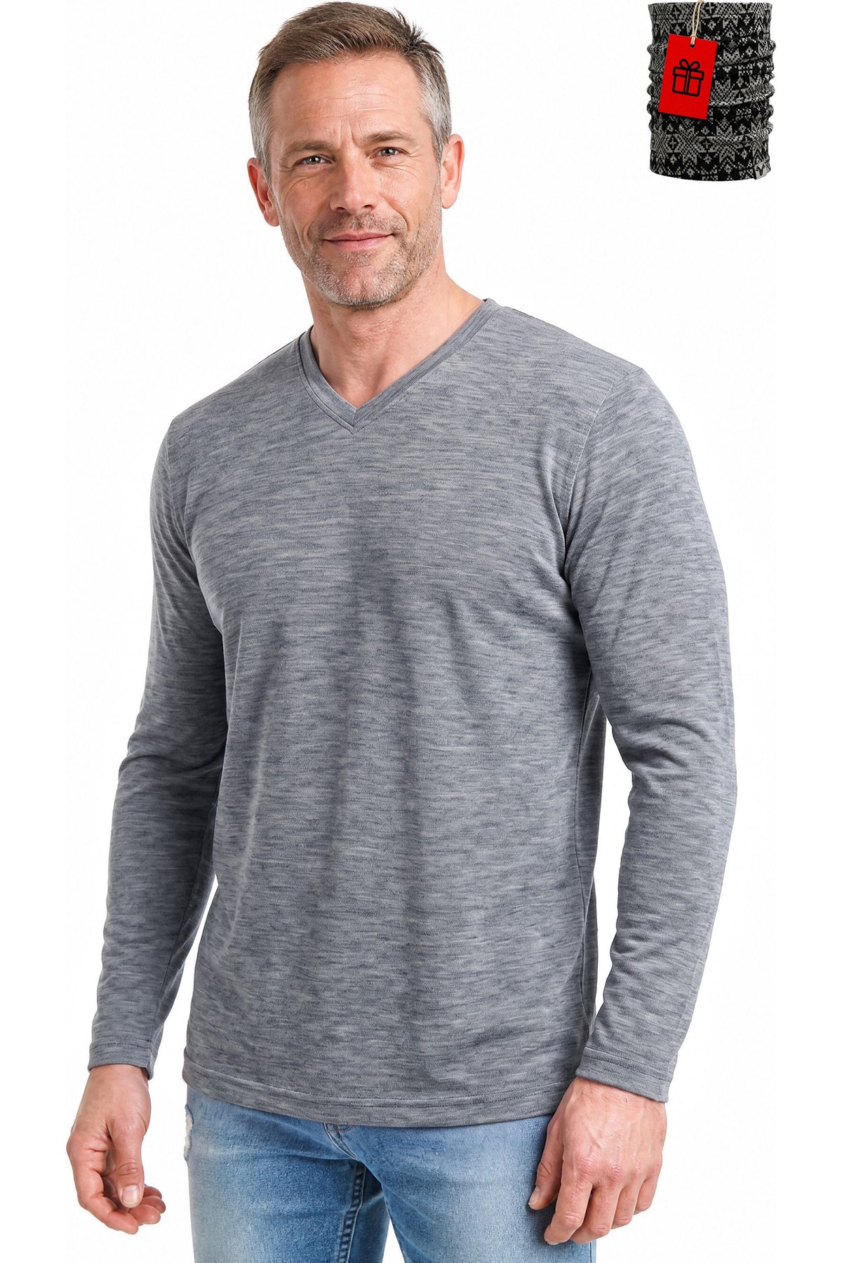Men's Merino Wool Long Sleeve V-Neck 165 Grey