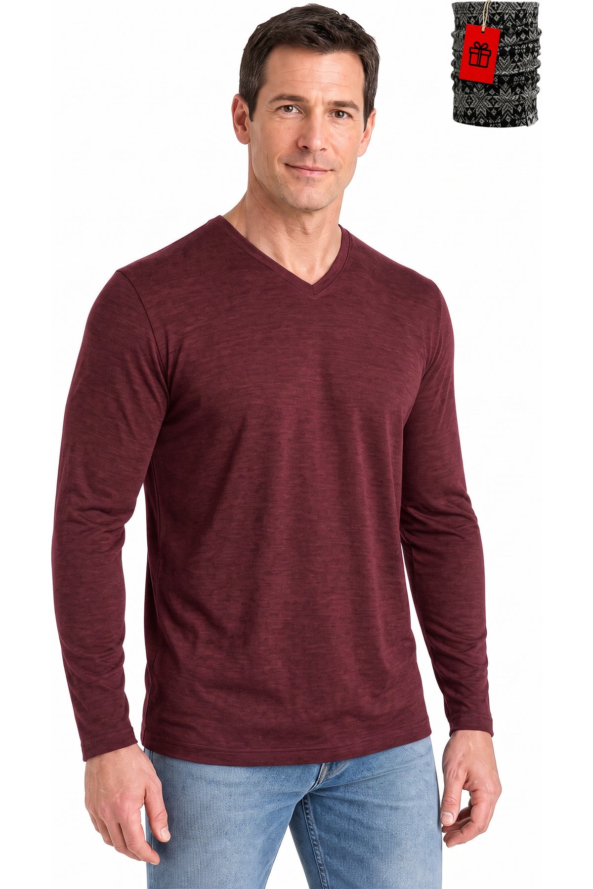 Men's Merino Wool Long Sleeve V-Neck 250 Cabernet