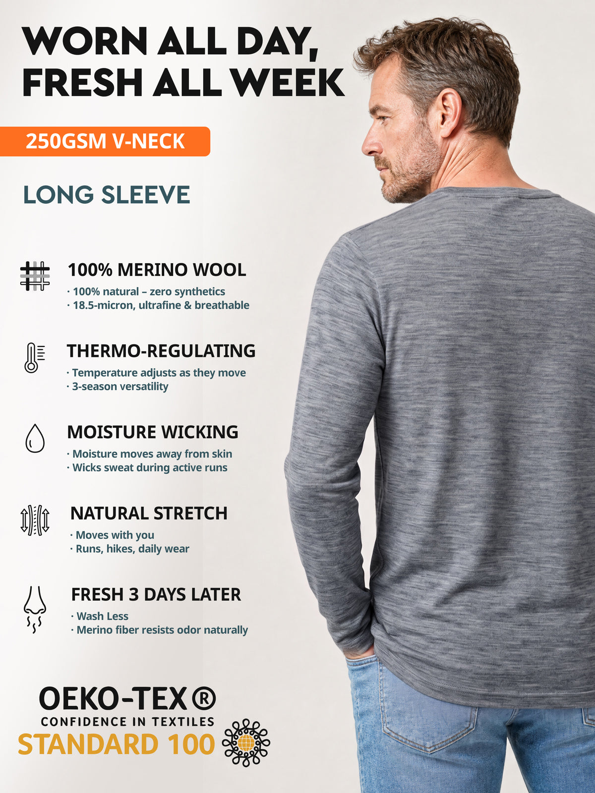 Men's merino V-neck features - Midweight 250