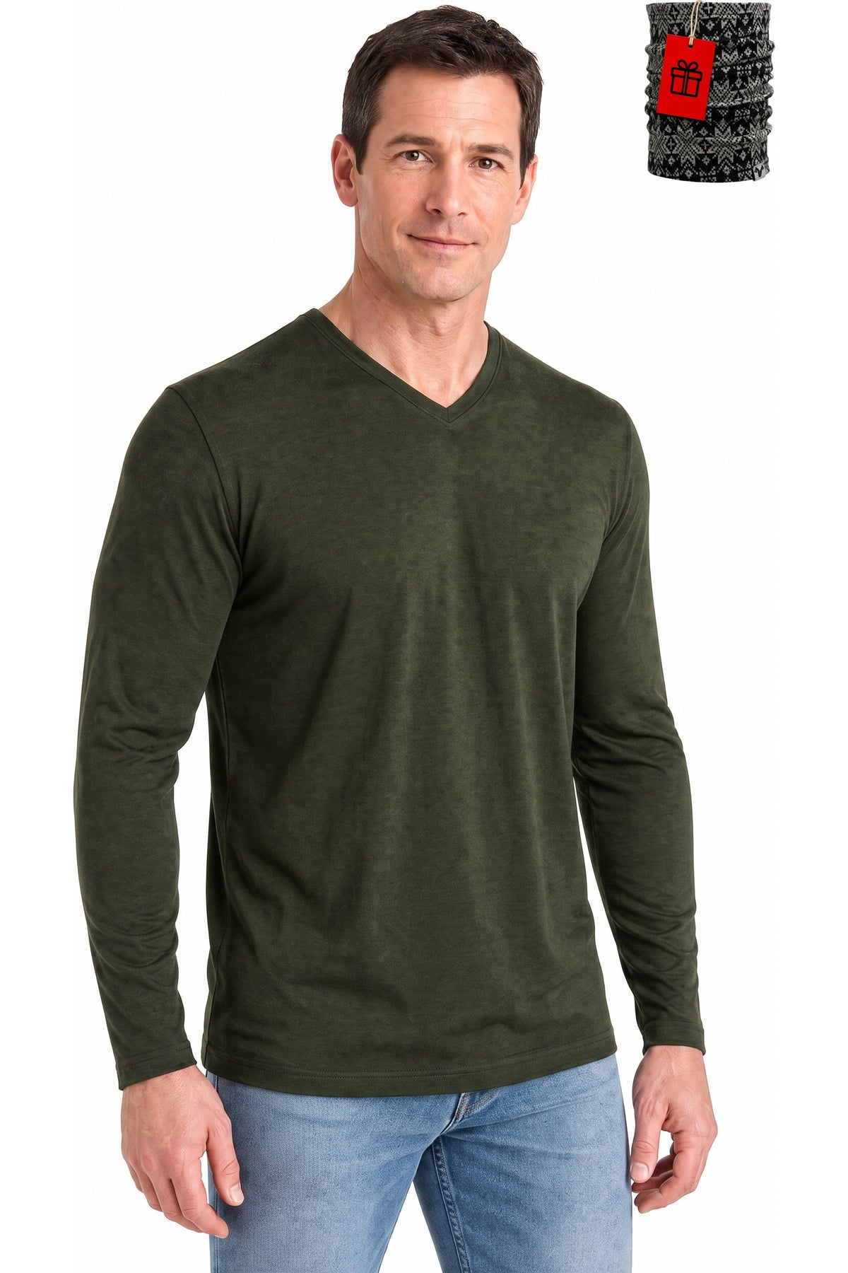 Men's Merino Wool Long Sleeve V-Neck 250 Olive Green Marle