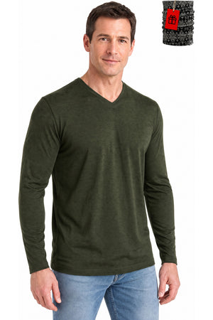 Men's Merino Wool Long Sleeve V-Neck 250 Olive Green Marle