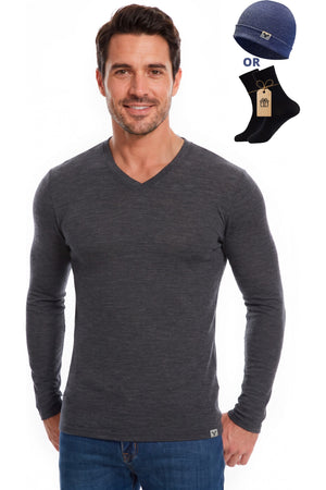 Men's Merino Wool Long Sleeve V-Neck Charcoal