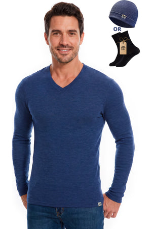 Men's Merino Wool Long Sleeve V-Neck Indigo Blue