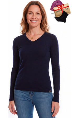 Old Collection Women's Merino Wool V-Neck 250 Navy