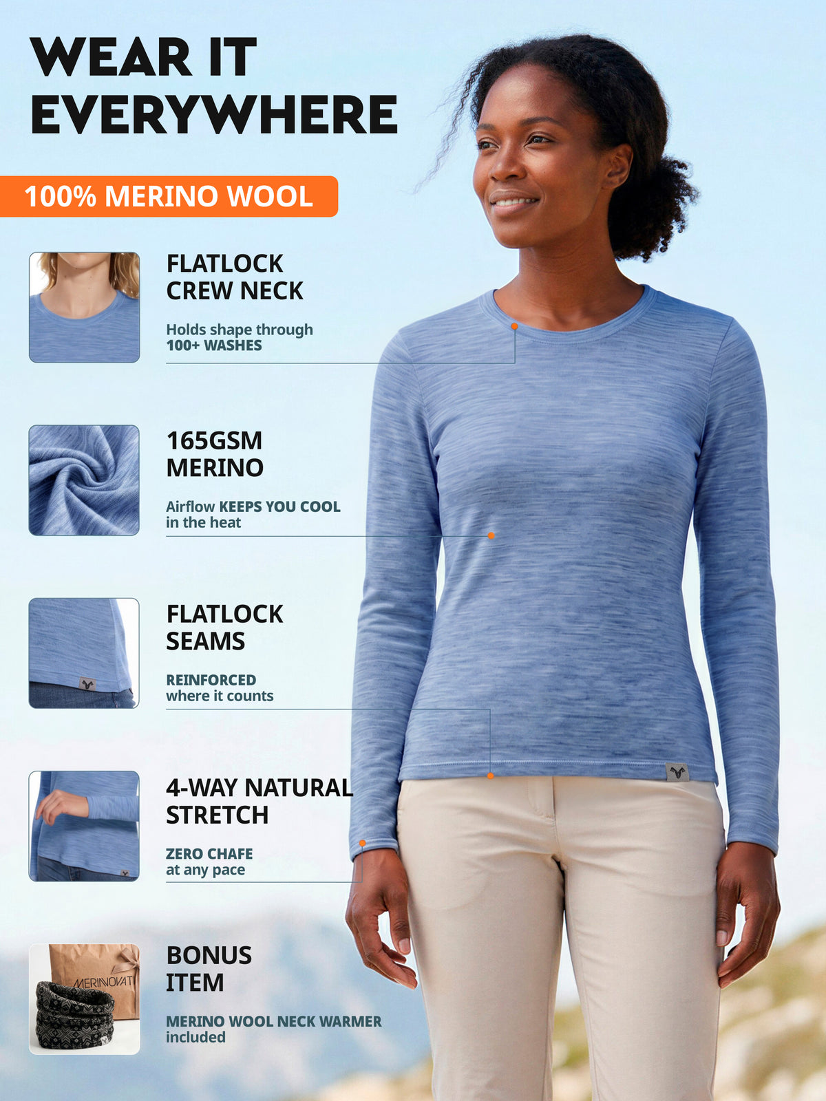 Women's merino long sleeve crew lifestyle