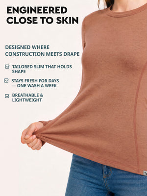 Women's merino long sleeve crew close to skin