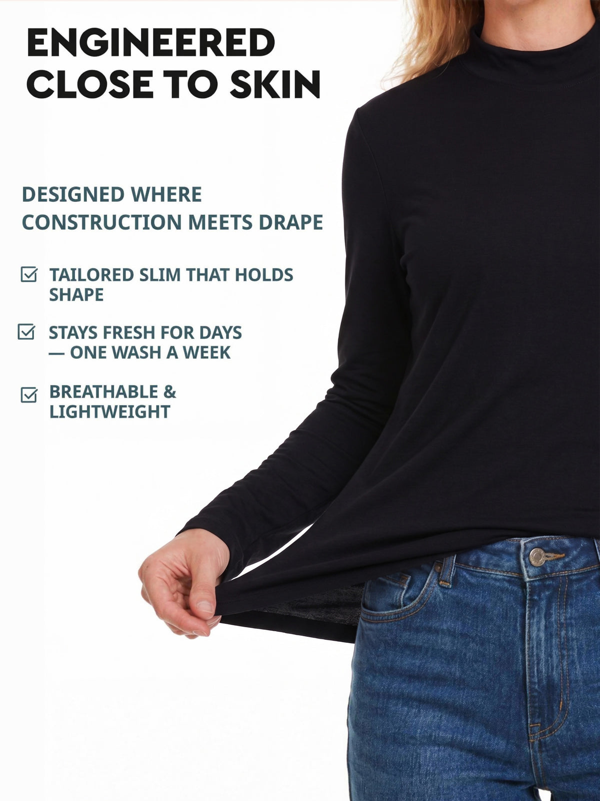Women's merino turtleneck close to skin