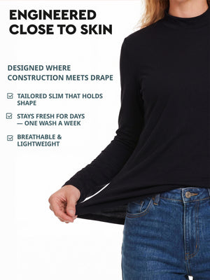 Women's merino turtleneck close to skin