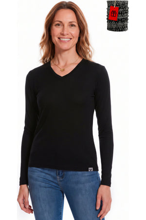 MERINNOVATION Women's Merino Wool Long Sleeve V-Neck Black