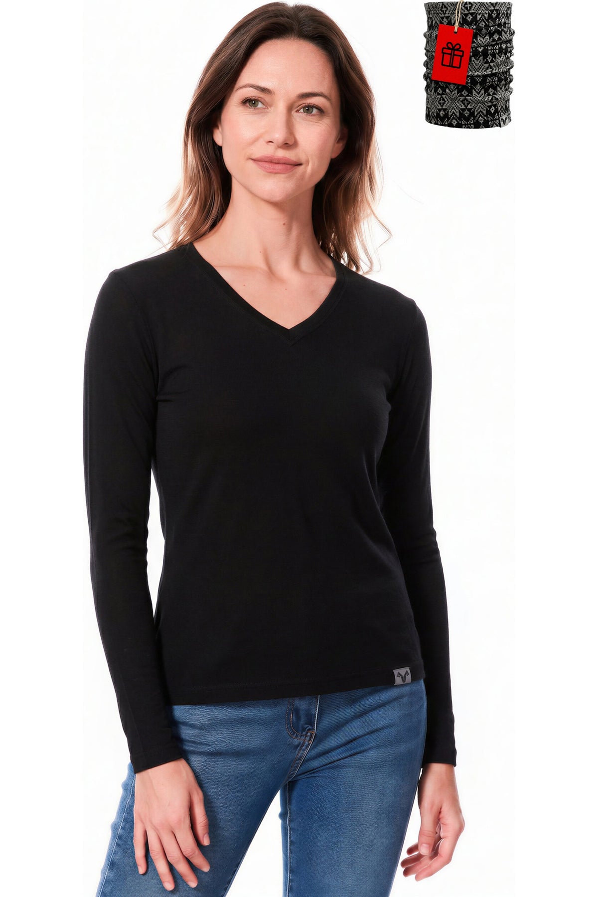 Women's Merino Wool Long Sleeve V-Neck 250 Black