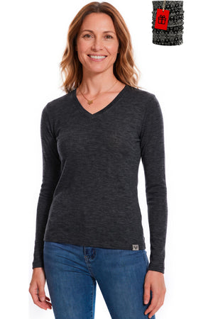 Women's Merino Wool Long Sleeve V-Neck 165 Charcoal Marle