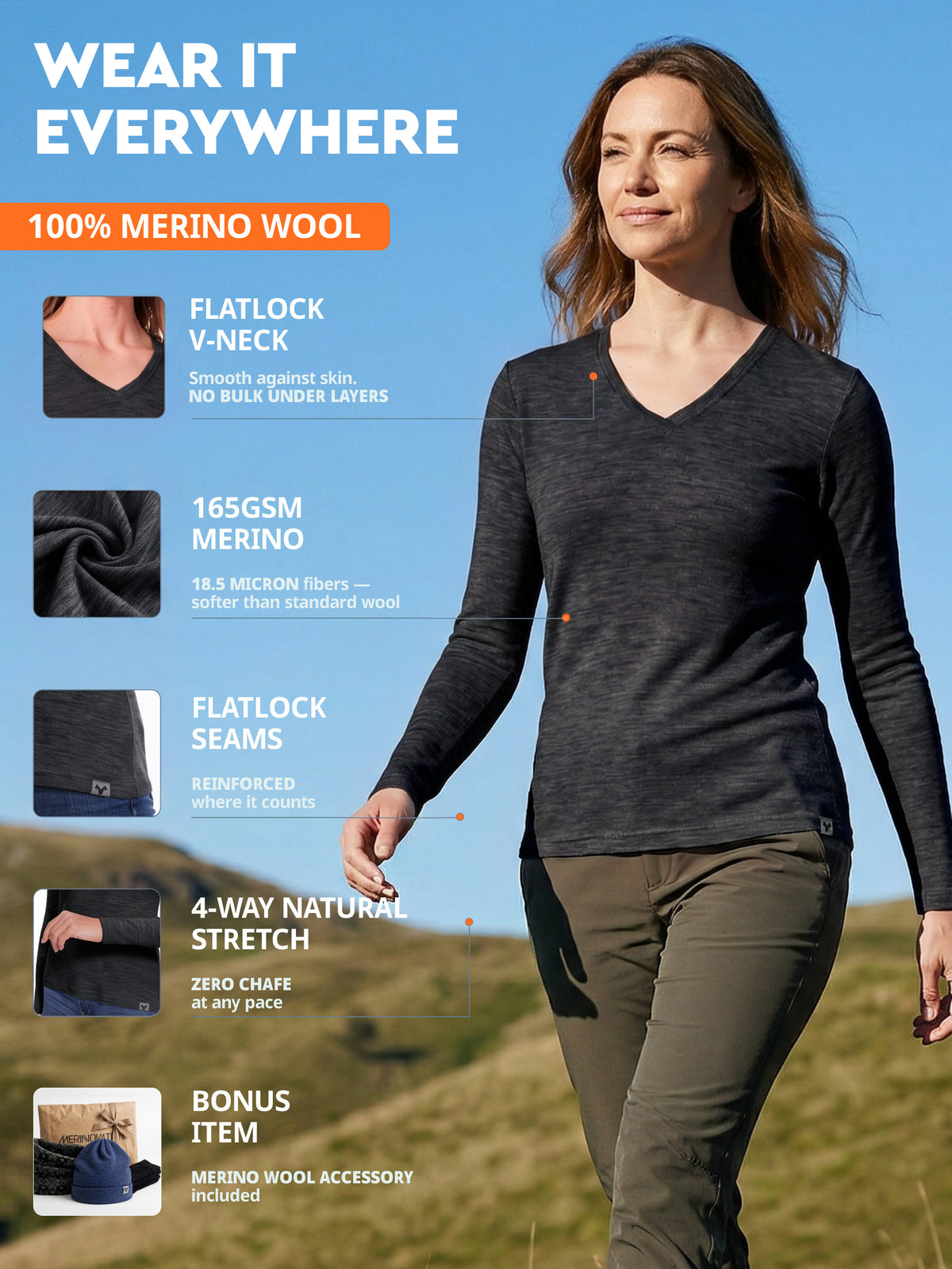 Women's merino V-neck lifestyle