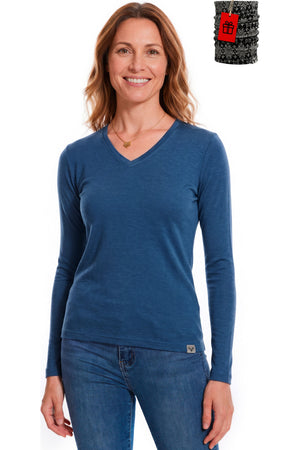 Women's Merino Wool Long Sleeve V-Neck 165 Denim