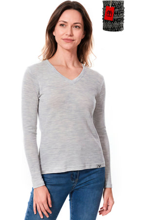 Women's Merino Wool Long Sleeve V-Neck Grey Marl