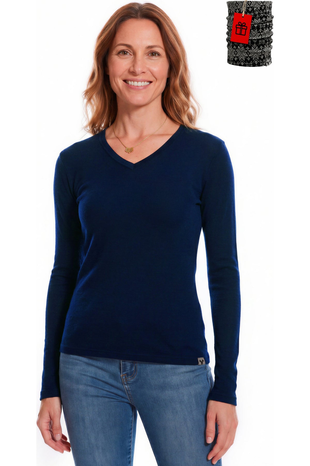 Women's Merino Wool Long Sleeve V-Neck 165 Navy