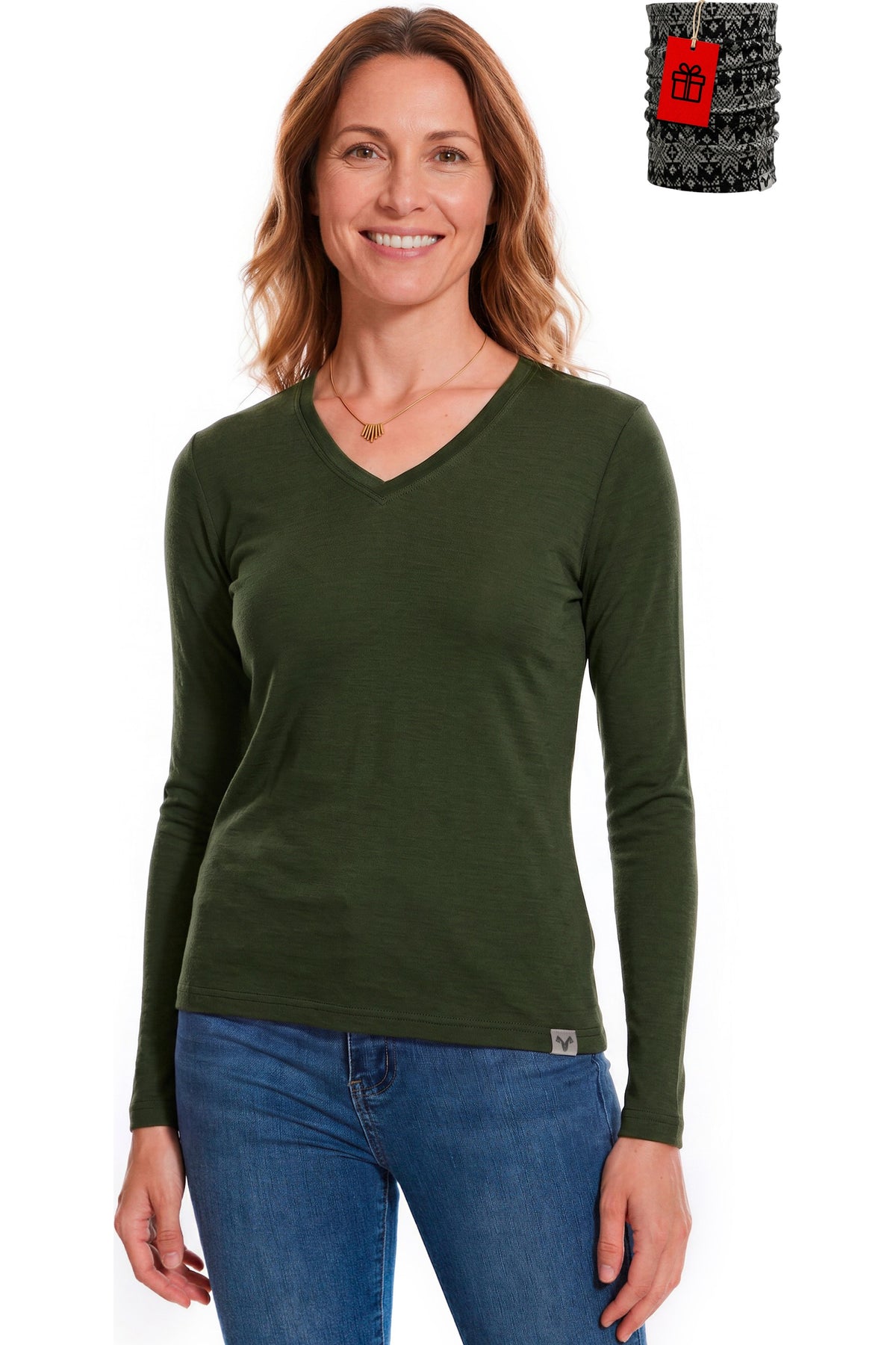 Women's Merino Wool Long Sleeve V-Neck 165 Olive Green Marle