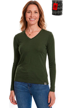 Women's Merino Wool Long Sleeve V-Neck 165 Olive Green Marle