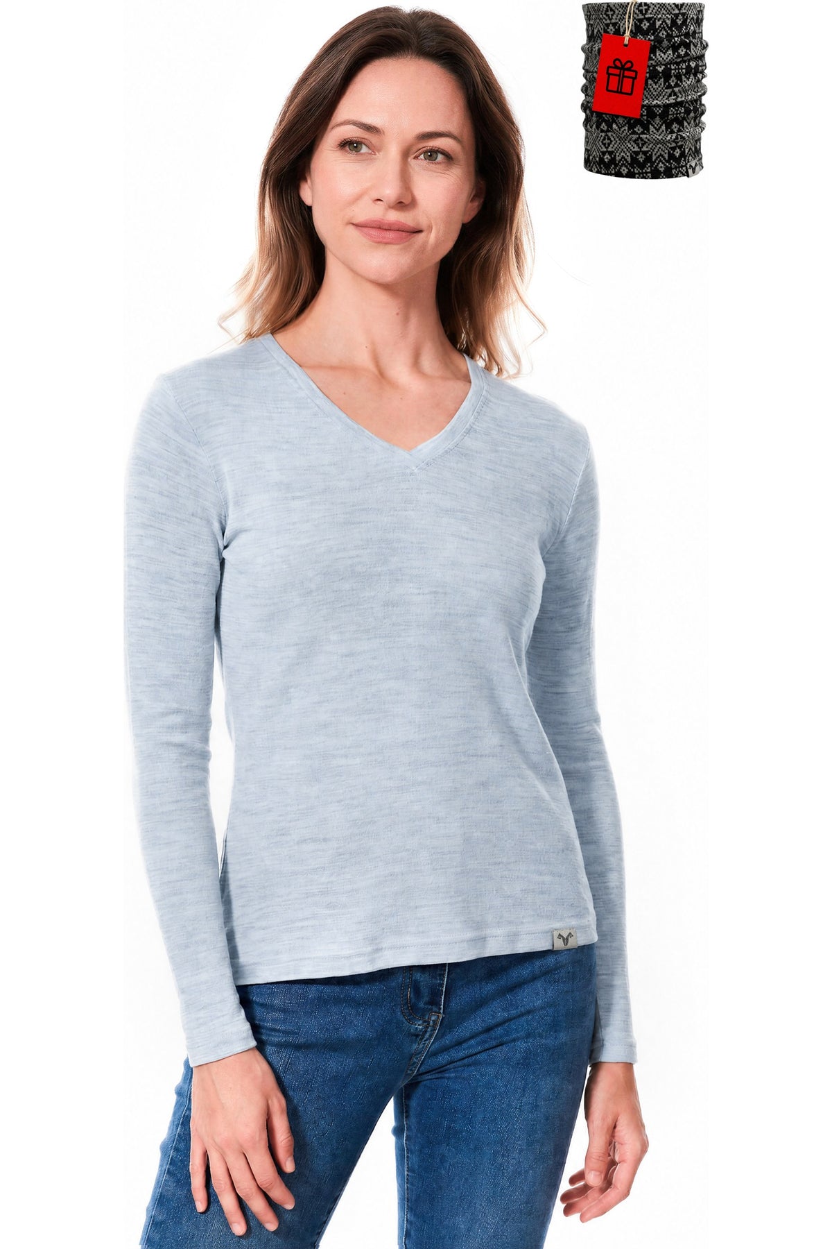 Women's Merino Wool Long Sleeve V-Neck 250 Summer Blue