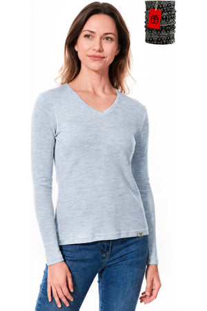 Women's Merino Wool Long Sleeve V-Neck 250 Summer Blue